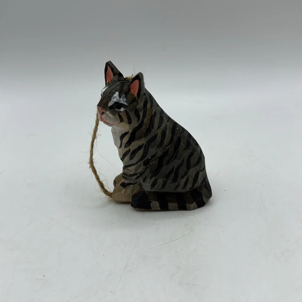Vintage Handcrafted Painted Tabby Cat Christmas Ornament Collectible Decor Gray